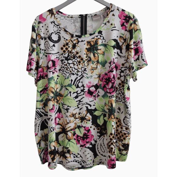 Chico's Floral T Shirt Womens 3 US XL Zip Back Stretch Top Short Sleeve - Picture 1 of 6